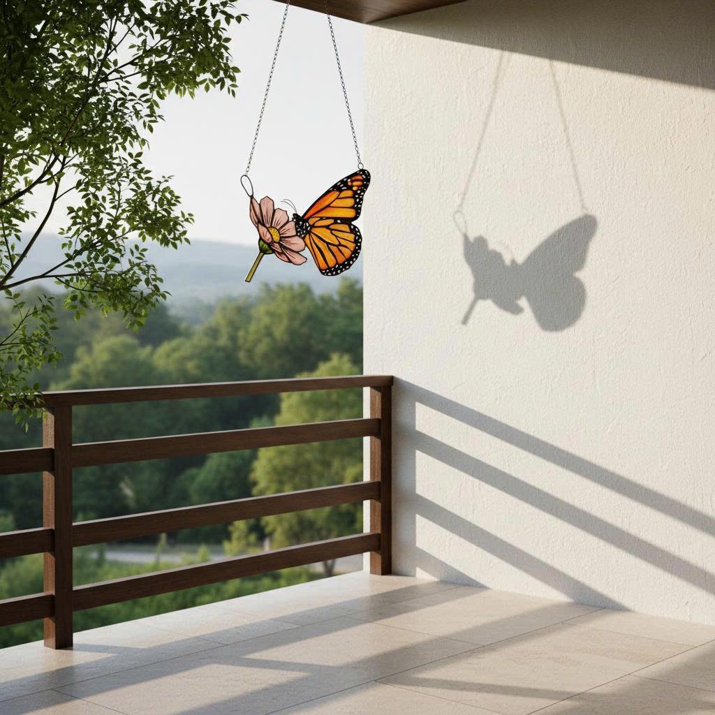 Handmade stained glass monarch butterfly perched on pink cosmos flower suncatcher, hanging window ornament, spring nature decor gift for her.