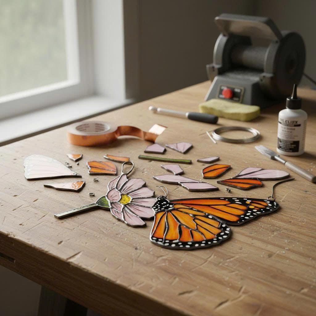 Handmade stained glass monarch butterfly perched on pink cosmos flower suncatcher, hanging window ornament, spring nature decor gift for her.