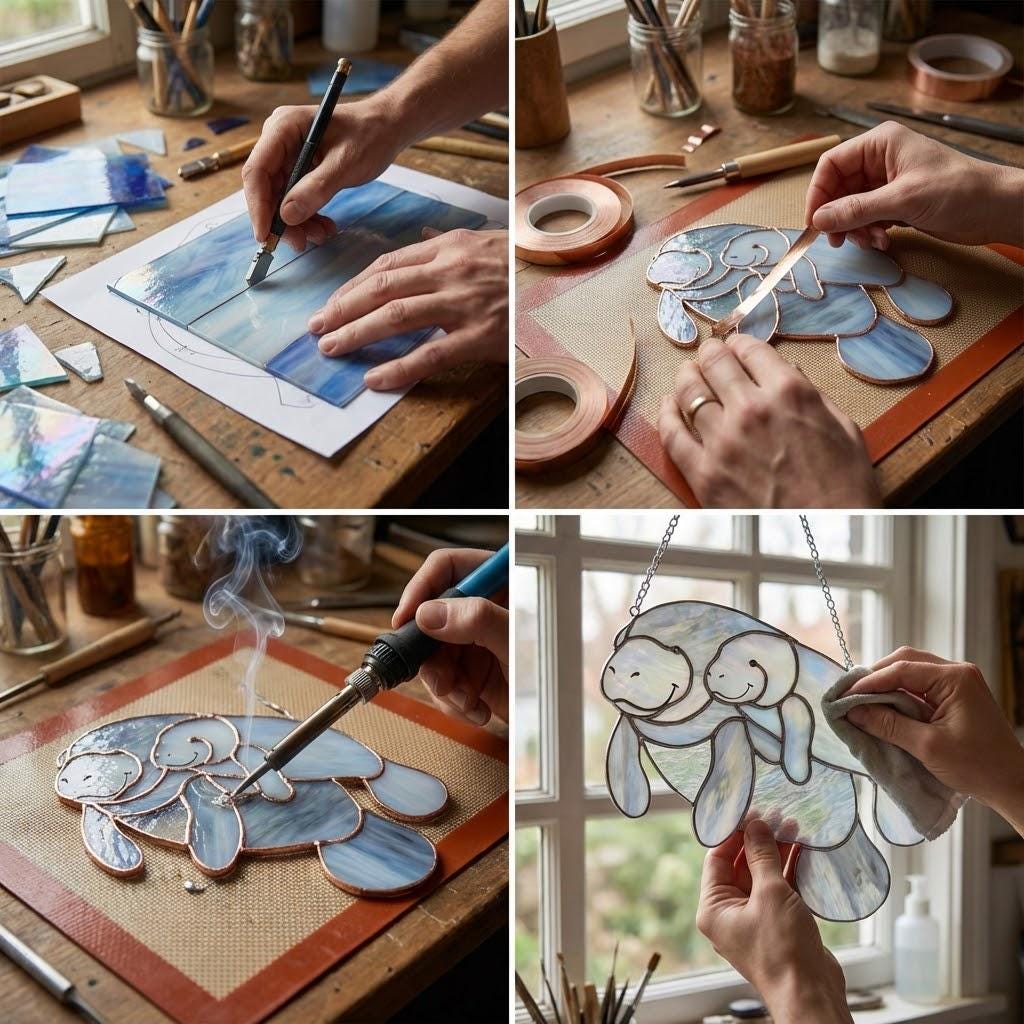 Handmade stained glass manatee suncatcher, mother and baby sea cow swimming, blue and white textured glass, ocean nursery decor, coastal window art.