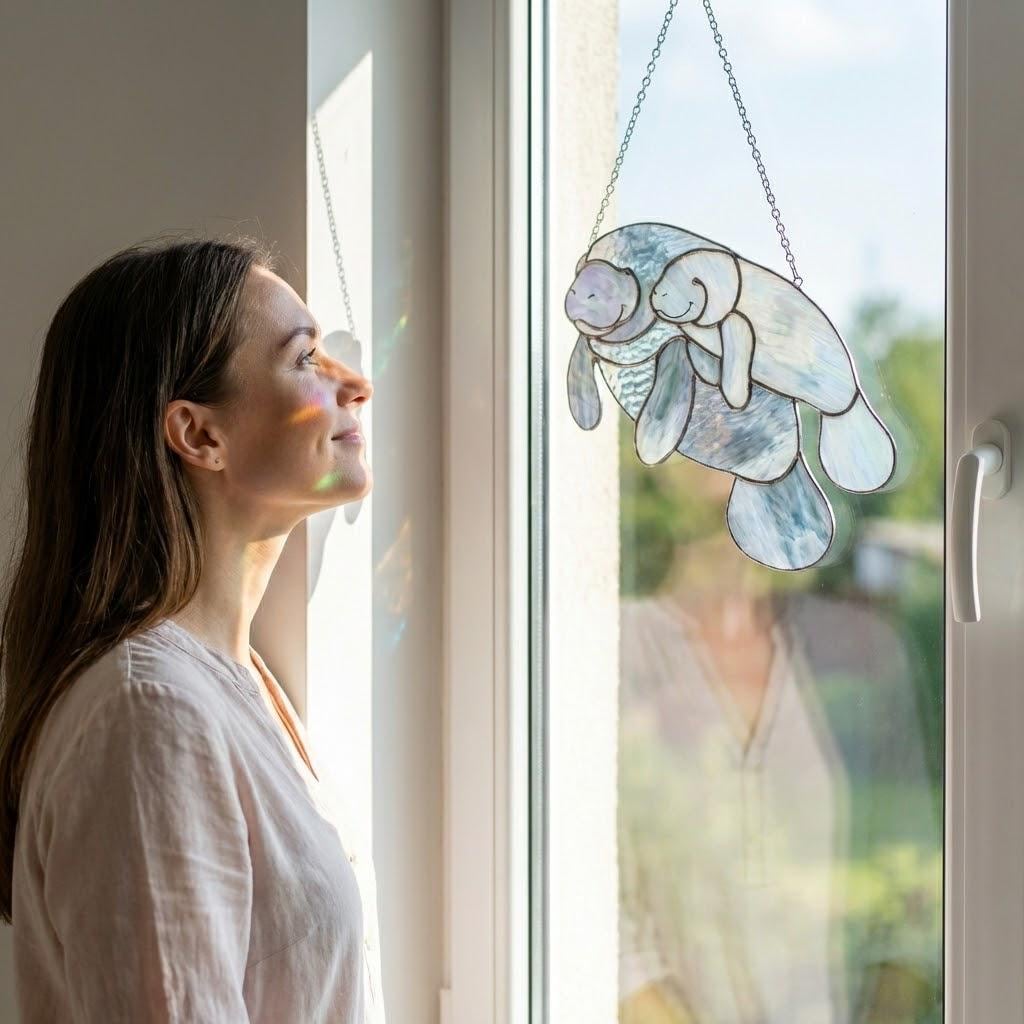 Handmade stained glass manatee suncatcher, mother and baby sea cow swimming, blue and white textured glass, ocean nursery decor, coastal window art.
