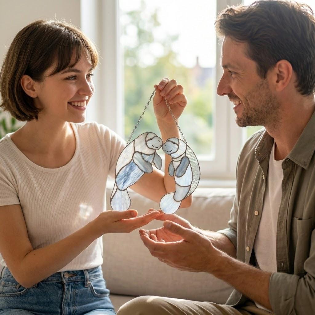 Handmade stained glass manatee suncatcher, mother and baby sea cow swimming, blue and white textured glass, ocean nursery decor, coastal window art.