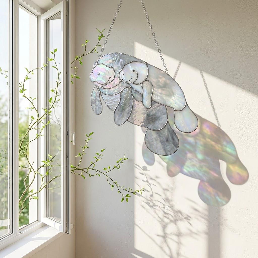 Handmade stained glass manatee suncatcher, mother and baby sea cow swimming, blue and white textured glass, ocean nursery decor, coastal window art.
