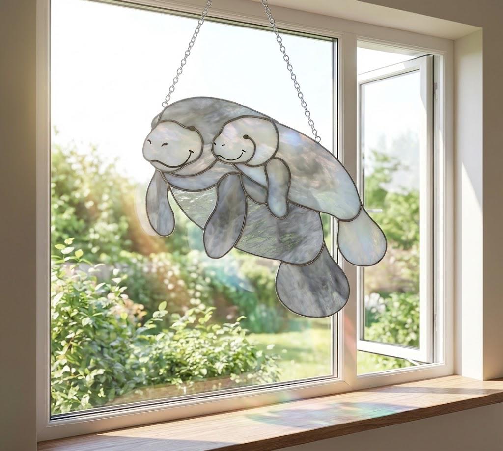 Handmade stained glass manatee suncatcher, mother and baby sea cow swimming, blue and white textured glass, ocean nursery decor, coastal window art.