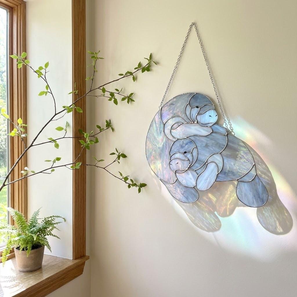 Handmade stained glass manatee suncatcher, mother and baby sea cow swimming, blue and white textured glass, ocean nursery decor, coastal window art.