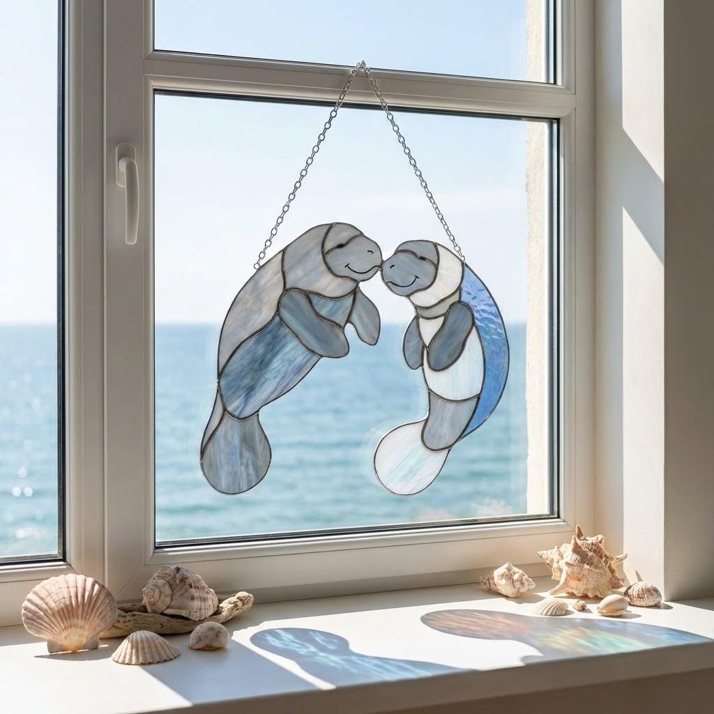 Handmade stained glass manatee suncatcher, mother and baby sea cow swimming, blue and white textured glass, ocean nursery decor, coastal window art.
