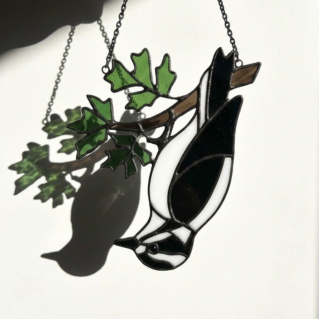 Handmade stained glass downy woodpecker suncatcher, realistic black and white bird window hanging, red headed woodpecker art, bird watcher gift for men.