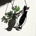 Handmade stained glass downy woodpecker suncatcher, realistic black and white bird window hanging, red headed woodpecker art, bird watcher gift for men.