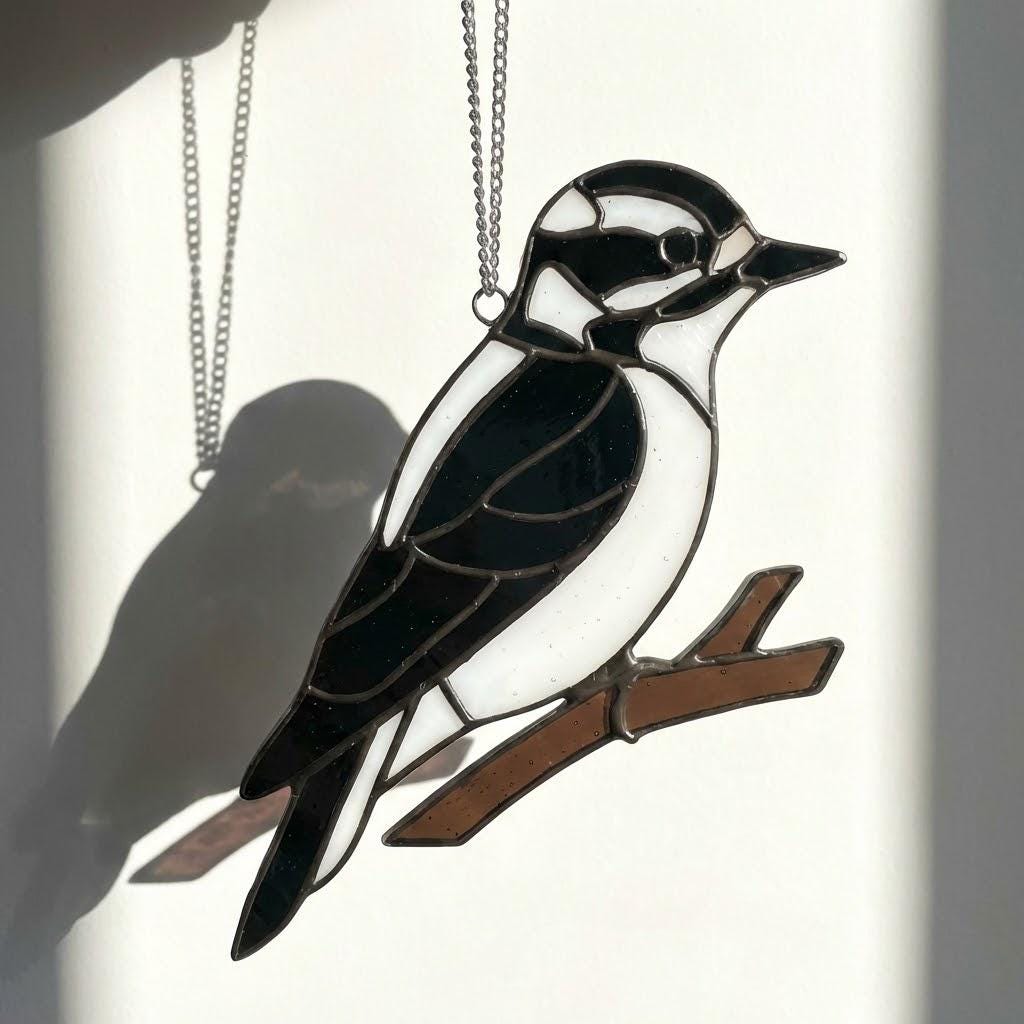 Handmade stained glass downy woodpecker suncatcher, realistic black and white bird window hanging, red headed woodpecker art, bird watcher gift for men.