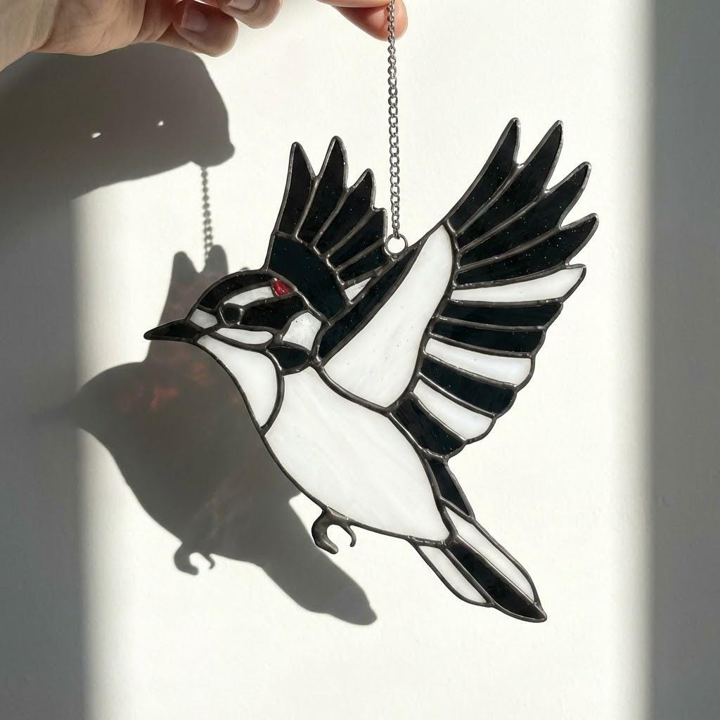 Handmade stained glass downy woodpecker suncatcher, realistic black and white bird window hanging, red headed woodpecker art, bird watcher gift for men.