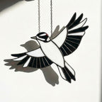 Handmade stained glass downy woodpecker suncatcher, realistic black and white bird window hanging, red headed woodpecker art, bird watcher gift for men.
