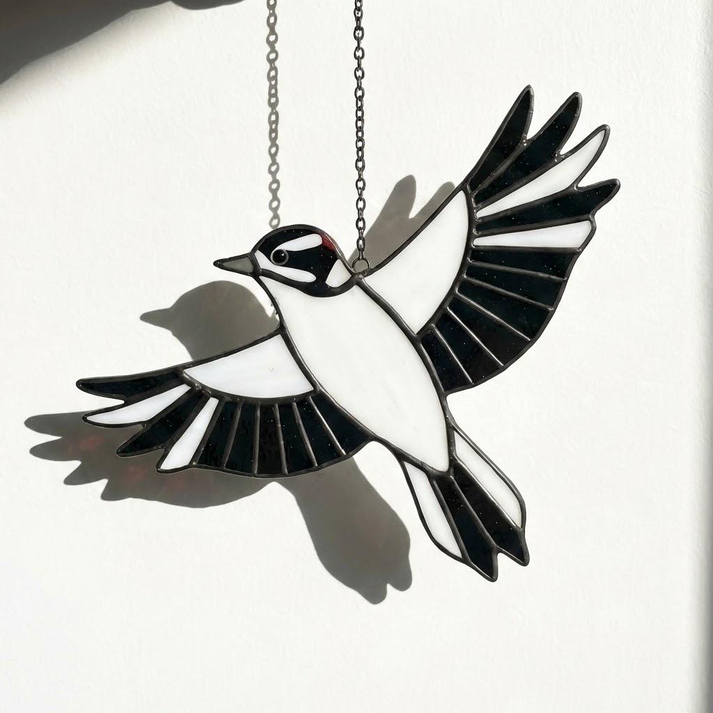 Handmade stained glass downy woodpecker suncatcher, realistic black and white bird window hanging, red headed woodpecker art, bird watcher gift for men.