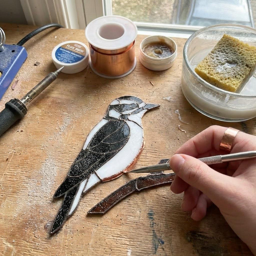 Handmade stained glass downy woodpecker suncatcher, realistic black and white bird window hanging, red headed woodpecker art, bird watcher gift for men.