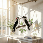 Handmade stained glass downy woodpecker suncatcher, realistic black and white bird window hanging, red headed woodpecker art, bird watcher gift for men.