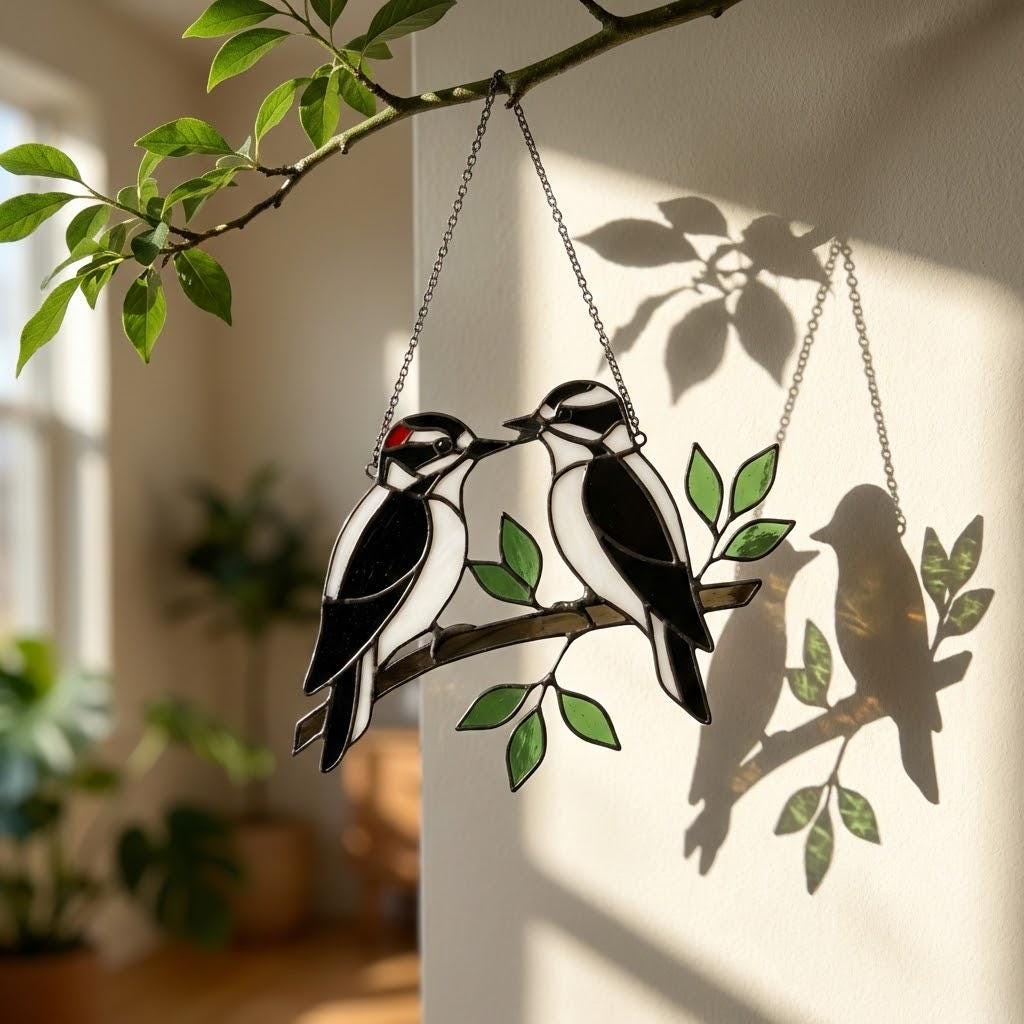 Handmade stained glass downy woodpecker suncatcher, realistic black and white bird window hanging, red headed woodpecker art, bird watcher gift for men.