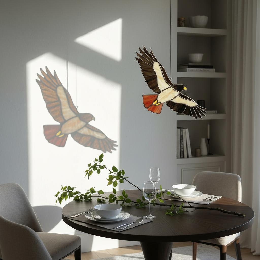 Handmade stained glass red tailed hawk suncatcher, realistic bird of prey window hanging, raptor wildlife decor gift for dad, father's day gift.