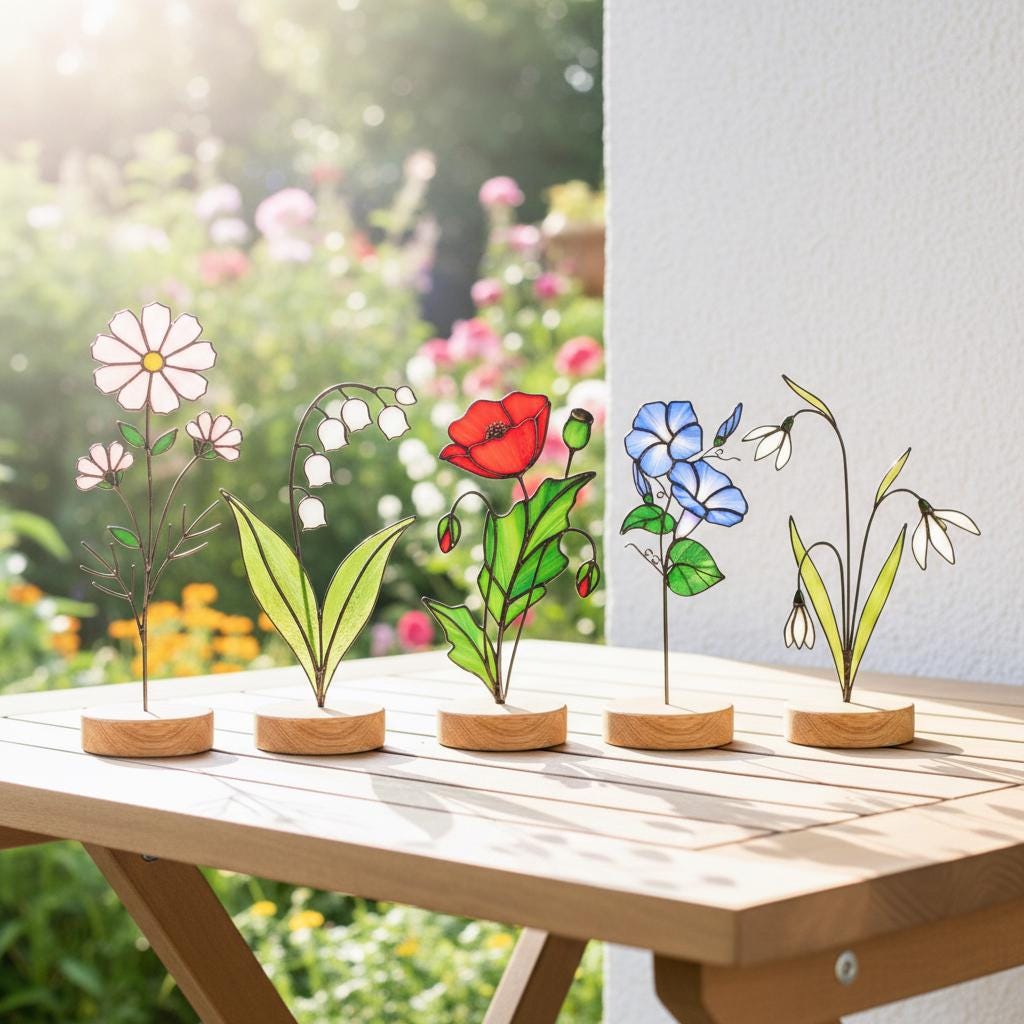 Handmade stained glass birth month flower plant stake collection, colorful floral suncatcher for indoor planter pot, personalized birthday gift for mom or grandma, forever glass bouquet garden decor.