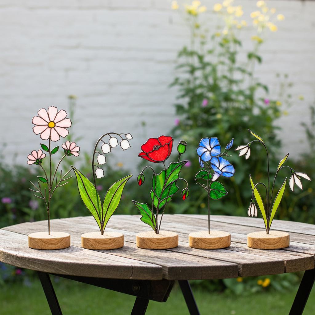 Handmade stained glass birth month flower plant stake collection, colorful floral suncatcher for indoor planter pot, personalized birthday gift for mom or grandma, forever glass bouquet garden decor.