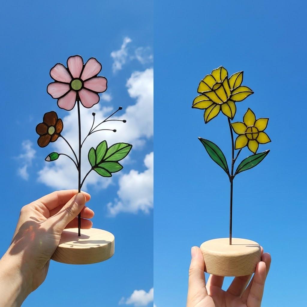 Handmade stained glass birth month flower plant stake collection, colorful floral suncatcher for indoor planter pot, personalized birthday gift for mom or grandma, forever glass bouquet garden decor.