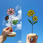Handmade stained glass birth month flower plant stake collection, colorful floral suncatcher for indoor planter pot, personalized birthday gift for mom or grandma, forever glass bouquet garden decor.