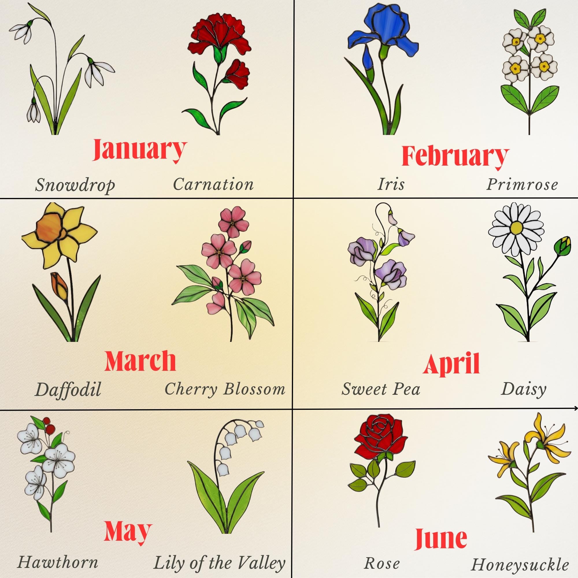 Handmade stained glass birth month flower plant stake collection, colorful floral suncatcher for indoor planter pot, personalized birthday gift for mom or grandma, forever glass bouquet garden decor.