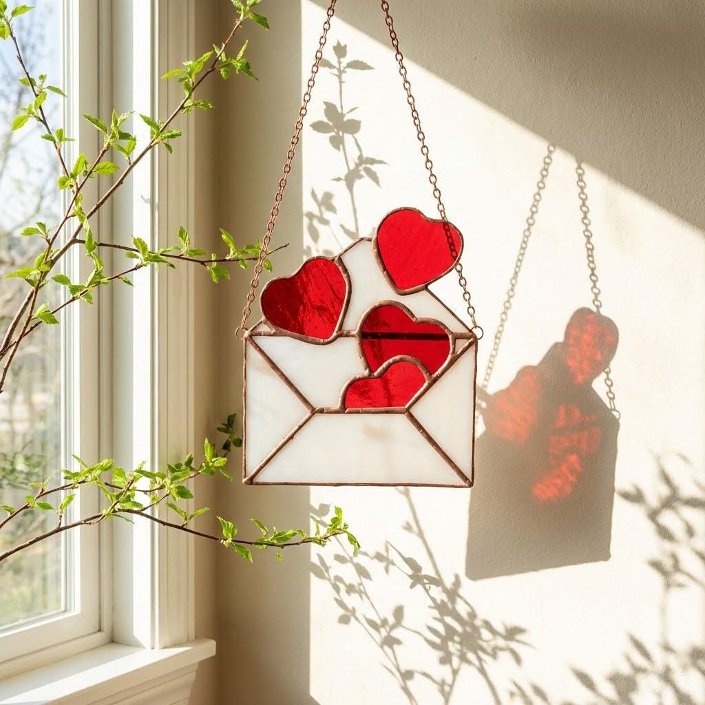 Handmade stained glass love letter envelope with red heart, romantic suncatcher for girlfriend, long distance relationship gift, valentine decor.