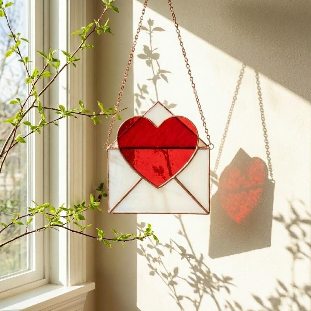 Handmade stained glass love letter envelope with red heart, romantic suncatcher for girlfriend, long distance relationship gift, valentine decor.