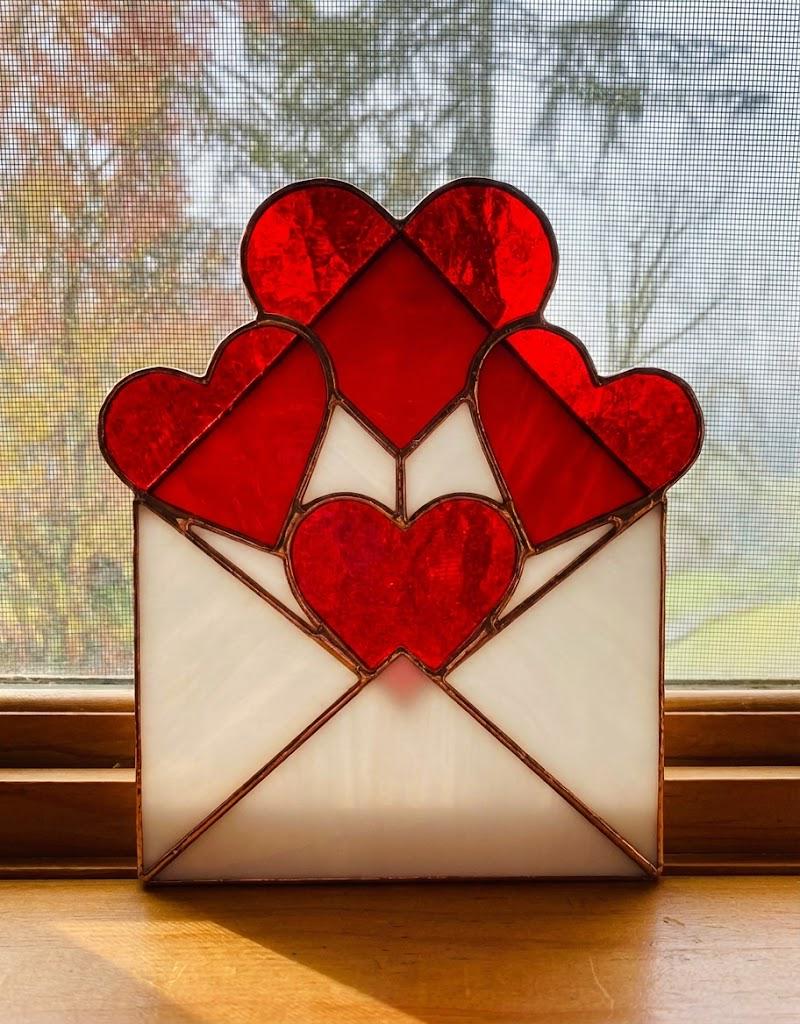 Handmade stained glass love letter envelope with red heart, romantic suncatcher for girlfriend, long distance relationship gift, valentine decor.