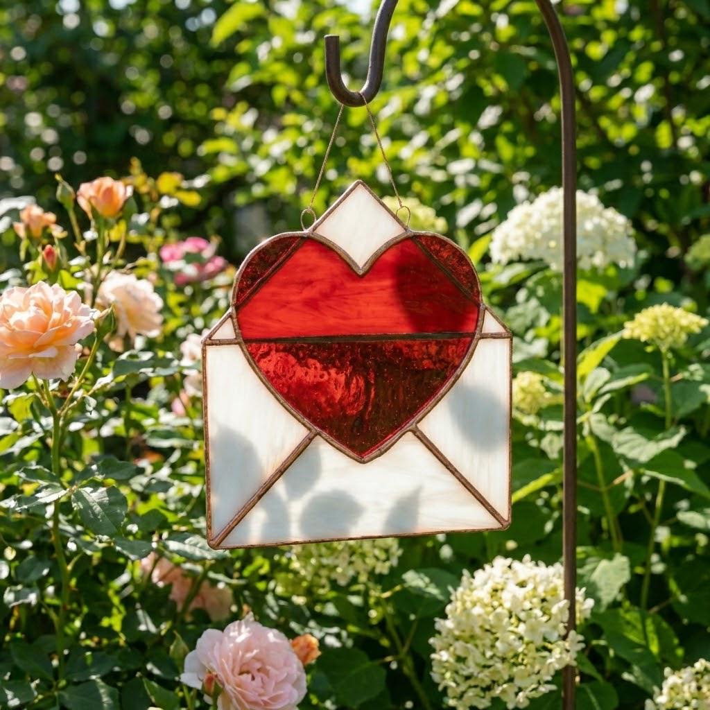 Handmade stained glass love letter envelope with red heart, romantic suncatcher for girlfriend, long distance relationship gift, valentine decor.