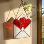 Handmade stained glass love letter envelope with red heart, romantic suncatcher for girlfriend, long distance relationship gift, valentine decor.