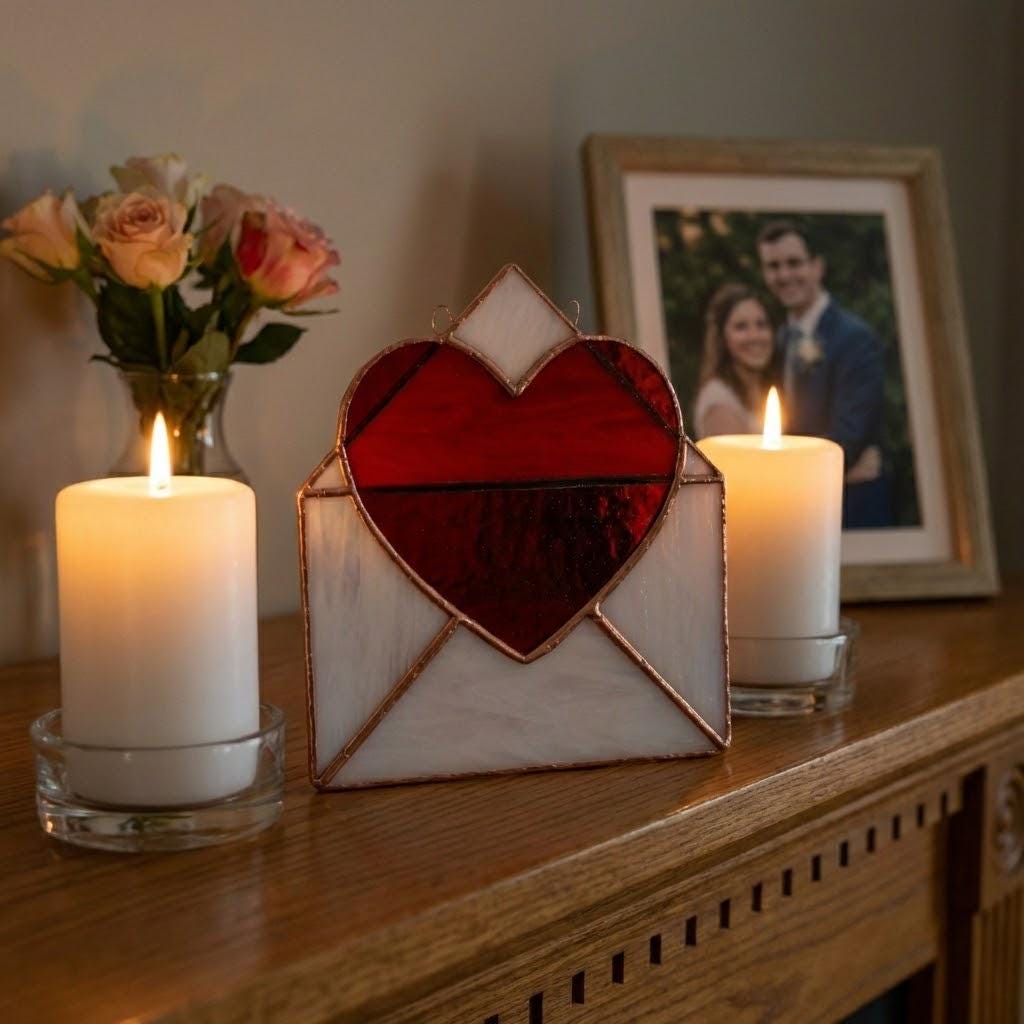 Handmade stained glass love letter envelope with red heart, romantic suncatcher for girlfriend, long distance relationship gift, valentine decor.