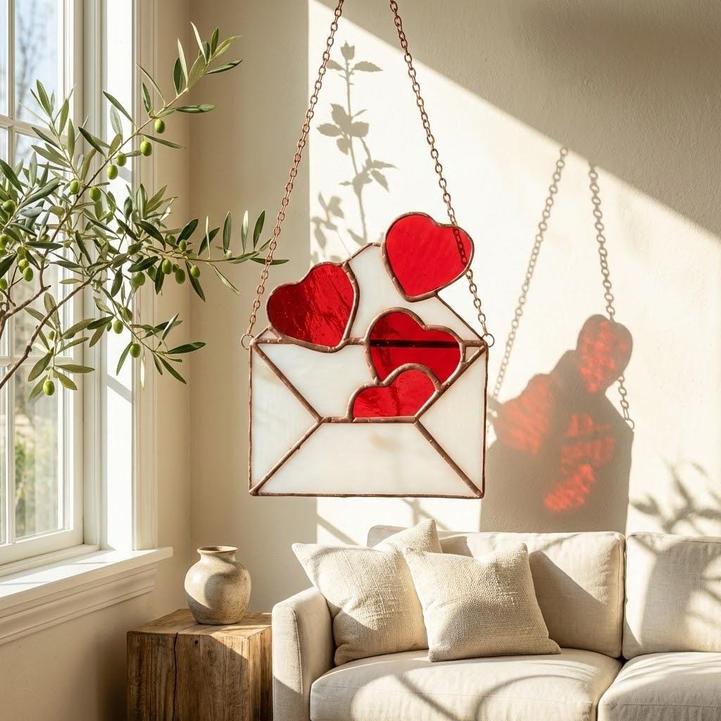 Handmade stained glass love letter envelope with red heart, romantic suncatcher for girlfriend, long distance relationship gift, valentine decor.