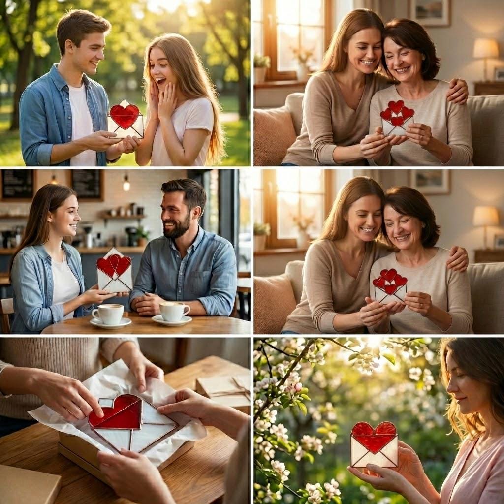 Handmade stained glass love letter envelope with red heart, romantic suncatcher for girlfriend, long distance relationship gift, valentine decor.