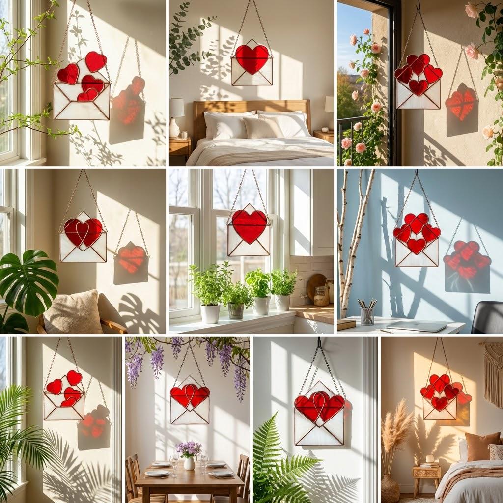 Handmade stained glass love letter envelope with red heart, romantic suncatcher for girlfriend, long distance relationship gift, valentine decor.