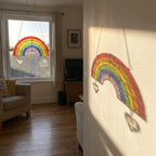 Handmade stained glass rainbow suncatcher with personalized wooden name tag, rainbow bridge pet memorial gift for dog or cat loss, hanging glass hearts.