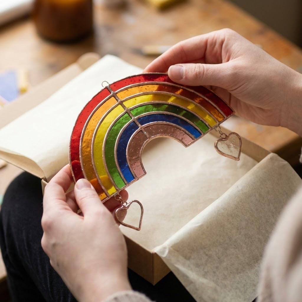 Handmade stained glass rainbow suncatcher with personalized wooden name tag, rainbow bridge pet memorial gift for dog or cat loss, hanging glass hearts.