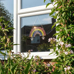 Handmade stained glass rainbow suncatcher with personalized wooden name tag, rainbow bridge pet memorial gift for dog or cat loss, hanging glass hearts.