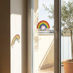 Handmade stained glass rainbow suncatcher with personalized wooden name tag, rainbow bridge pet memorial gift for dog or cat loss, hanging glass hearts.