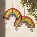 Handmade stained glass rainbow suncatcher with personalized wooden name tag, rainbow bridge pet memorial gift for dog or cat loss, hanging glass hearts.