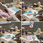 Handmade stained glass double heart plant stakes in flower pot, red and white hearts for valentine gift, plant lover decor with gift box packaging.