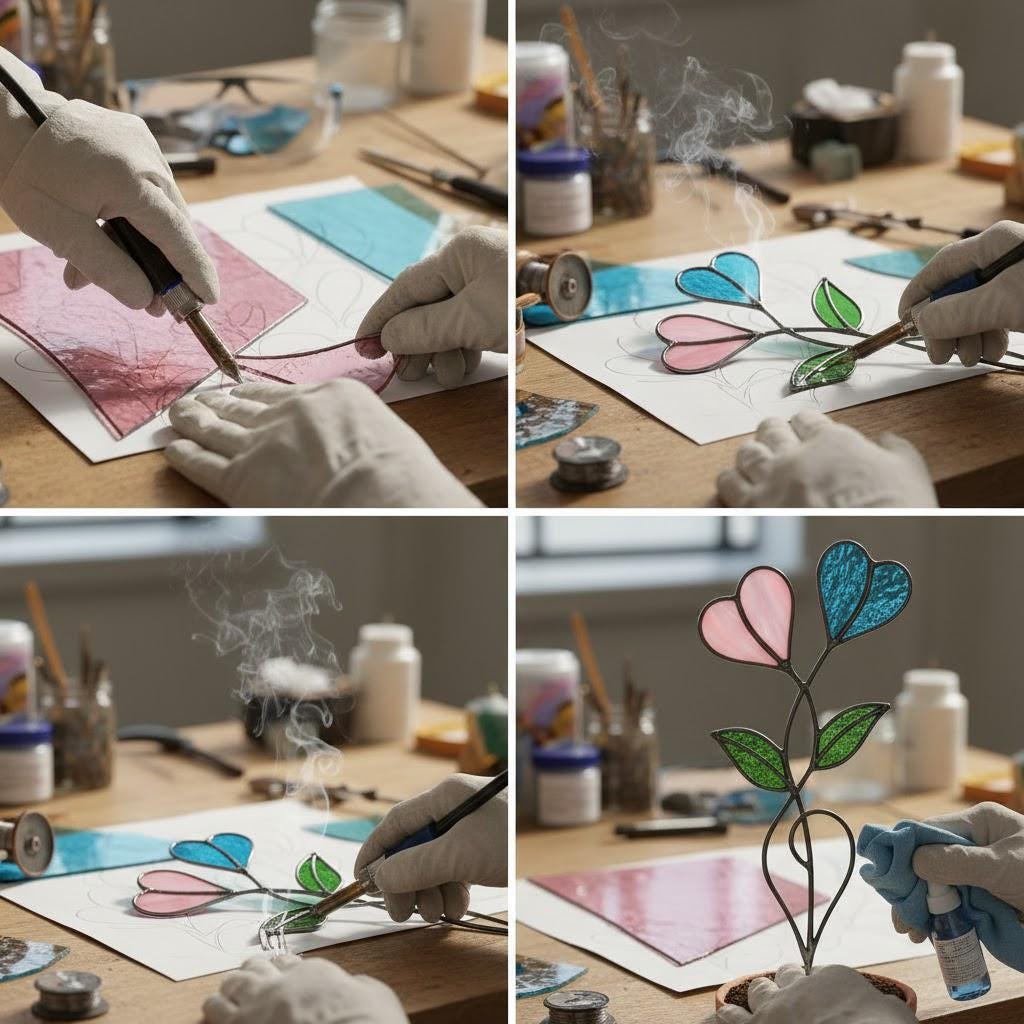 Handmade stained glass double heart plant stakes in flower pot, red and white hearts for valentine gift, plant lover decor with gift box packaging.