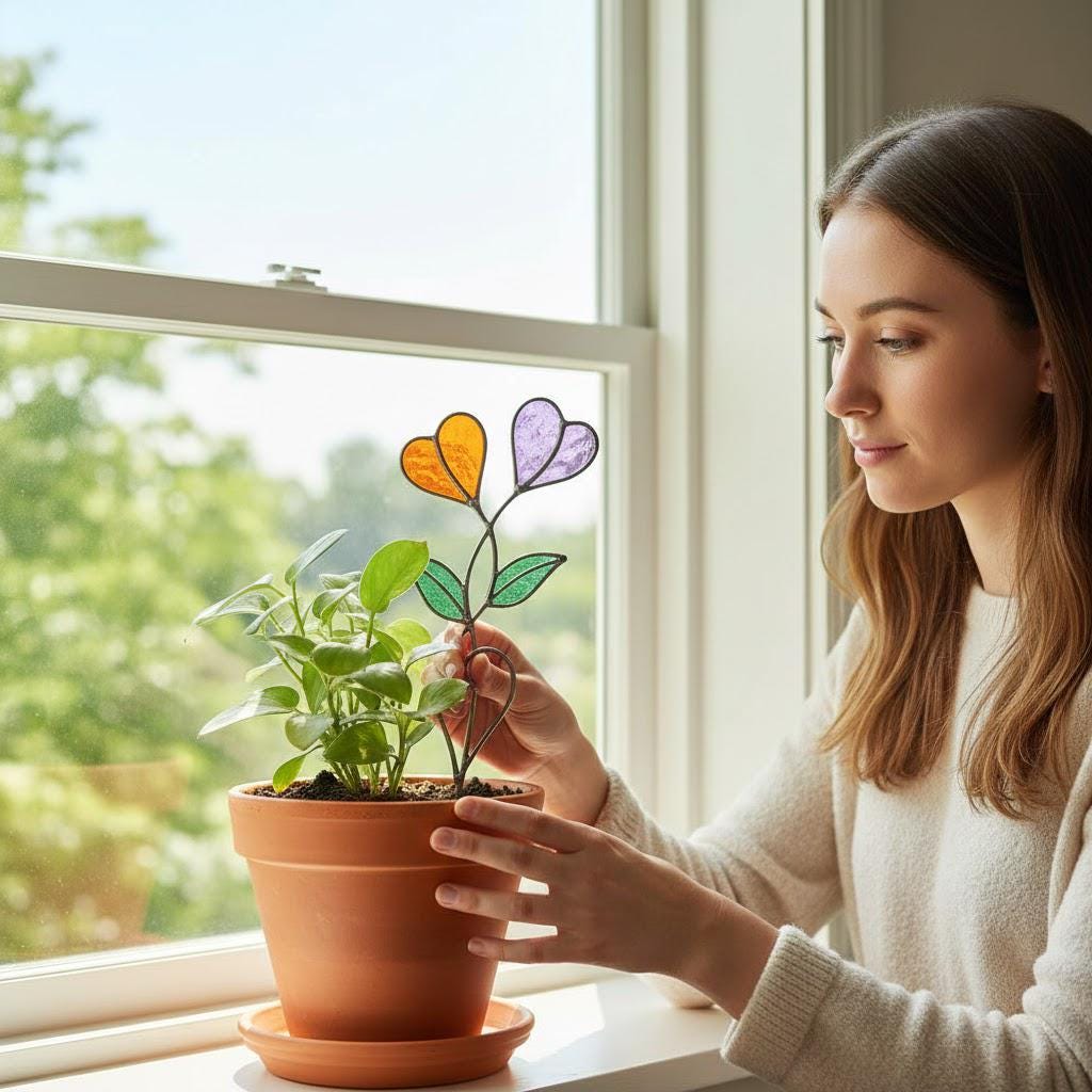 Handmade stained glass double heart plant stakes in flower pot, red and white hearts for valentine gift, plant lover decor with gift box packaging.