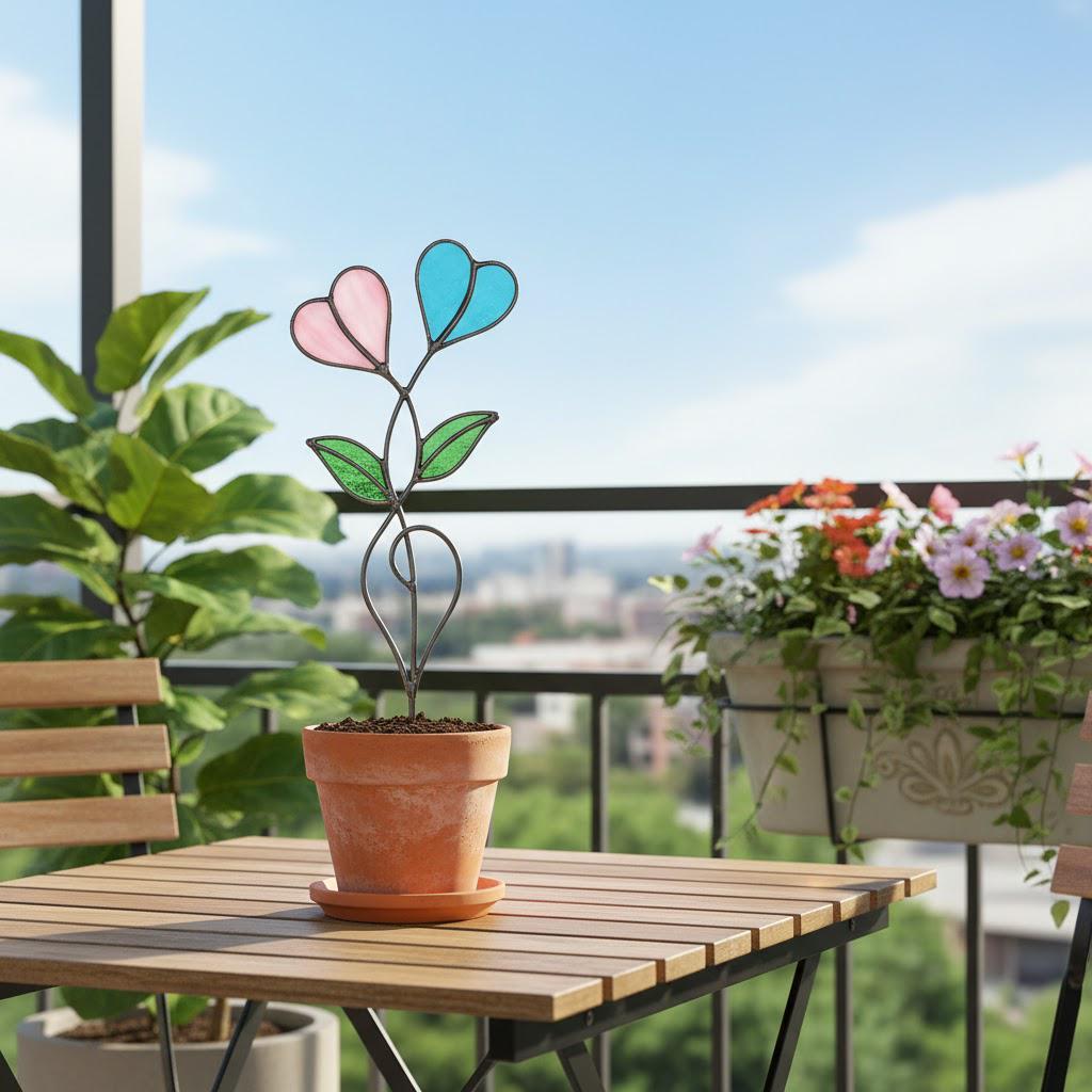 Handmade stained glass double heart plant stakes in flower pot, red and white hearts for valentine gift, plant lover decor with gift box packaging.