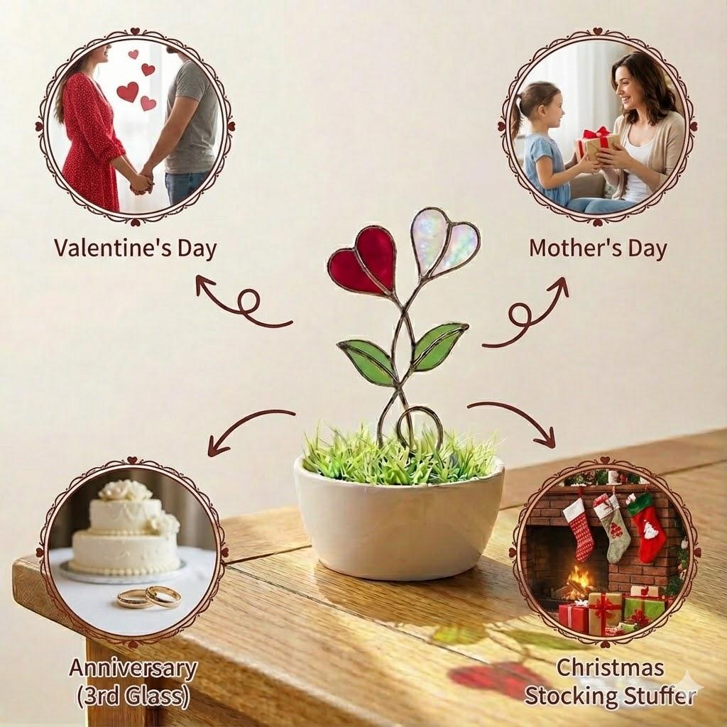 Handmade stained glass double heart plant stakes in flower pot, red and white hearts for valentine gift, plant lover decor with gift box packaging.