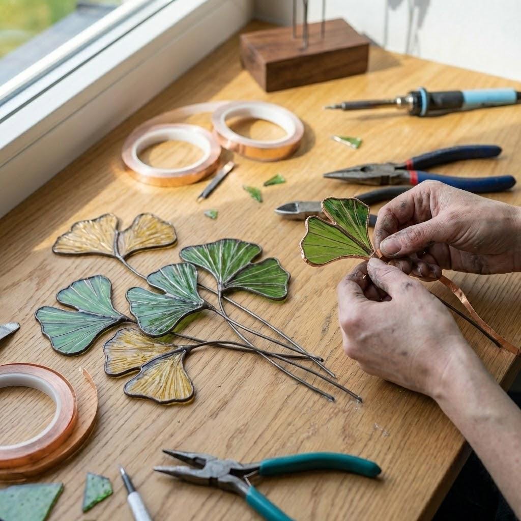 Handmade stained glass ginkgo biloba leaves sculpture standing on solid wood base, green and yellow botanical art for desk decor, japandi style gift.