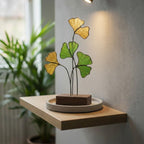 Handmade stained glass ginkgo biloba leaves sculpture standing on solid wood base, green and yellow botanical art for desk decor, japandi style gift.