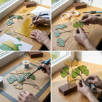 Handmade stained glass ginkgo biloba leaves sculpture standing on solid wood base, green and yellow botanical art for desk decor, japandi style gift.