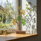 Handmade stained glass ginkgo biloba leaves sculpture standing on solid wood base, green and yellow botanical art for desk decor, japandi style gift.
