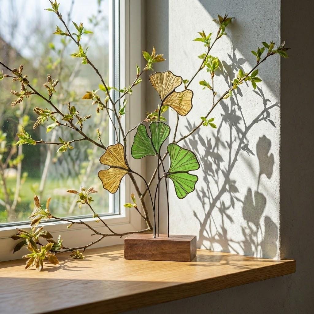 Handmade stained glass ginkgo biloba leaves sculpture standing on solid wood base, green and yellow botanical art for desk decor, japandi style gift.