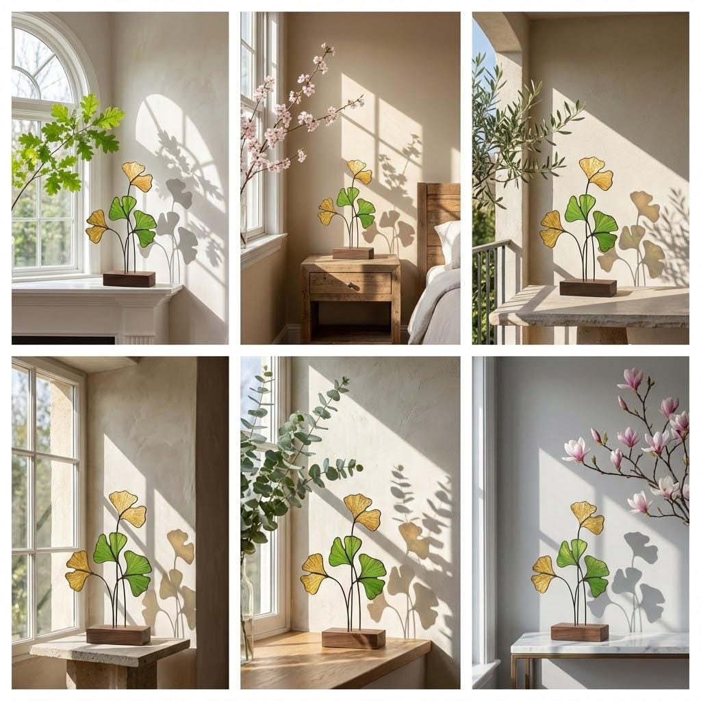 Handmade stained glass ginkgo biloba leaves sculpture standing on solid wood base, green and yellow botanical art for desk decor, japandi style gift.