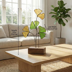 Handmade stained glass ginkgo biloba leaves sculpture standing on solid wood base, green and yellow botanical art for desk decor, japandi style gift.